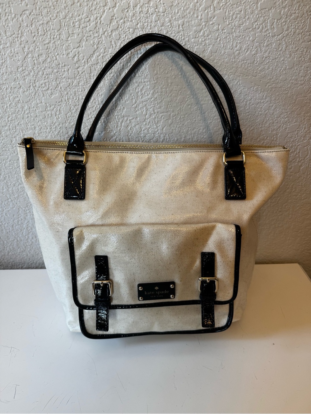 Kate Spade  New York Canvas Tote Bag with Black Leather Handles - Neutral